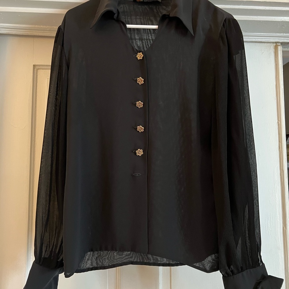 Vintage Sycamore Paris 1980s Black Sheet Pleated Sleeve Blouse w/Gold Buttons